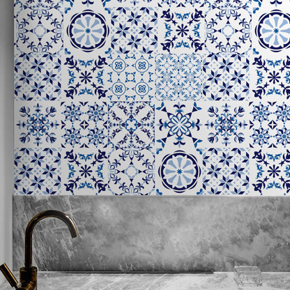 Avelena | Bohemia Fliesen Tapeten Panel Set Blau Abziehen und Kleben Wandverkleidung für Das Wohnzimmer