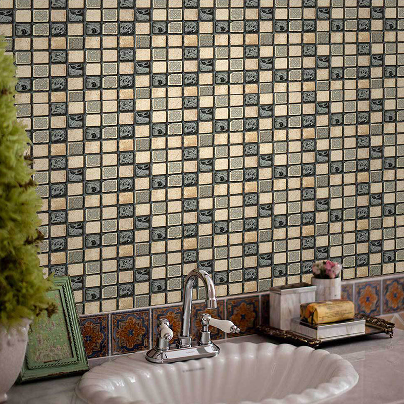 Avelena | Grau-Grün Moderne Sticktapete Paneel 8' L X 8" B Checker Wandkunst für Badezimmer