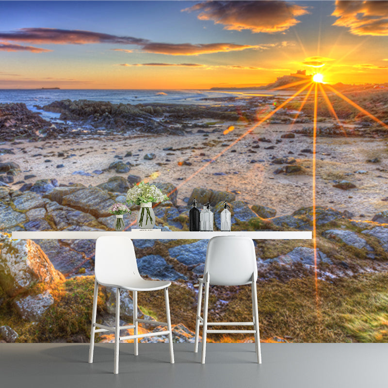 Avelena | Foto Gedruckte Sonnenuntergang Küstenmauer Tropische Getrocknete Moosfelsen Wandkunst In Gelb