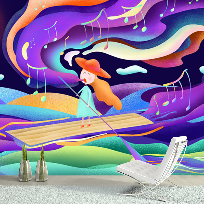 Avelena | Lila Kinder Wandtapete Mural In Voller Größe Mädchen, Das Nachts In Einem Boot Singt, Wandkunst für Das Schlafzimmer