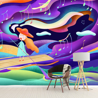 Avelena | Lila Kinder Wandtapete Mural In Voller Größe Mädchen, Das Nachts In Einem Boot Singt, Wandkunst für Das Schlafzimmer