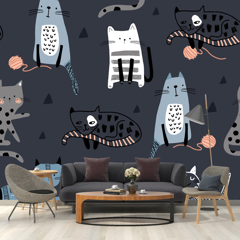 Avelena | Katze Wandtapete Mural Dunkelgrau Kinderkunst Wandverkleidung für Das Kinderzimmer, Vlies