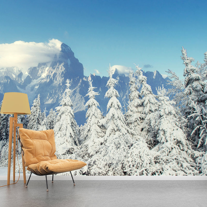 Avelena | Winter Schnee Zypresse Landschaft Wandgemälde Modern Vliesstoff Wandverkleidung In Weiß