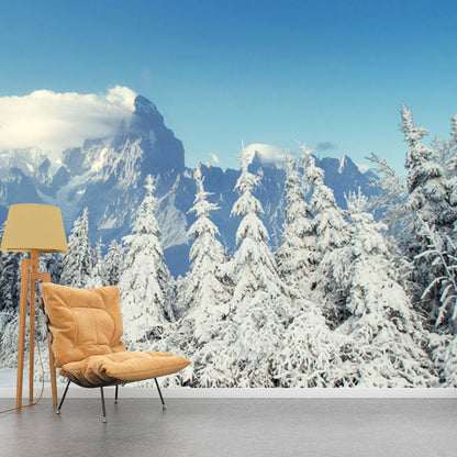 Avelena | Winter Schnee Zypresse Landschaft Wandgemälde Modern Vliesstoff Wandverkleidung In Weiß