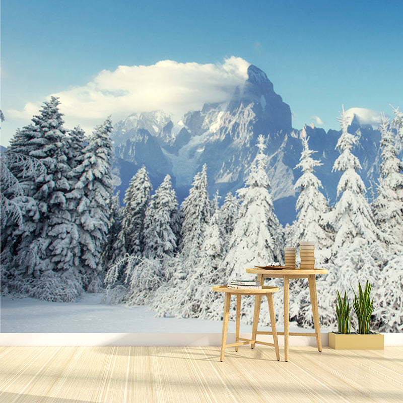 Avelena | Winter Schnee Zypresse Landschaft Wandgemälde Modern Vliesstoff Wandverkleidung In Weiß