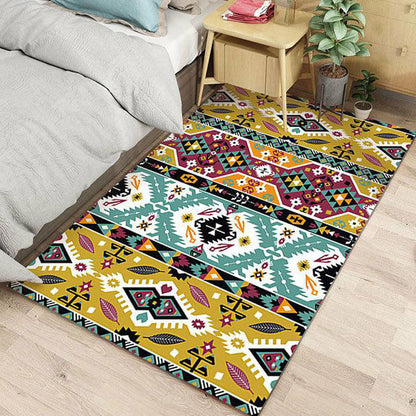 Avelena | Gestreifter geometrischer indischer Tribal-Teppich mit botanischen Motiven und Schleifen, polyesterbeschichteter, fleckenresistenter Teppich in Gelb und Grün
