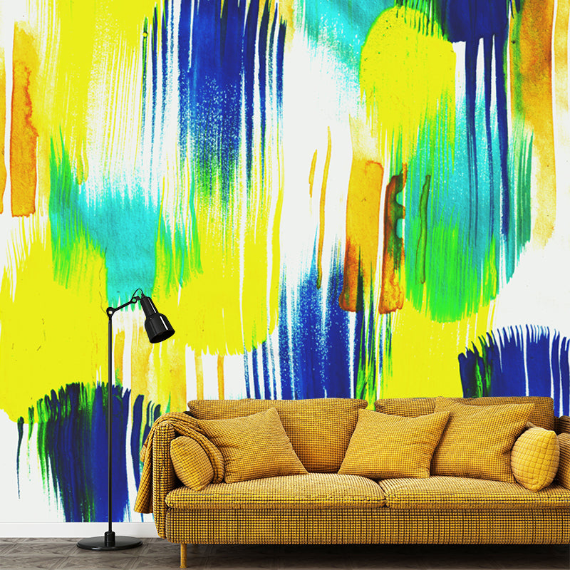 Avelena | Gelb-Blau Pinselstrich Wand Decals Aquarell Modern Waschbare Wandkunst für Das Wohnzimmer