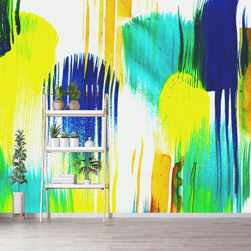 Avelena | Gelb-Blau Pinselstrich Wand Decals Aquarell Modern Waschbare Wandkunst für Das Wohnzimmer