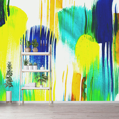Avelena | Gelb-Blau Pinselstrich Wand Decals Aquarell Modern Waschbare Wandkunst für Das Wohnzimmer