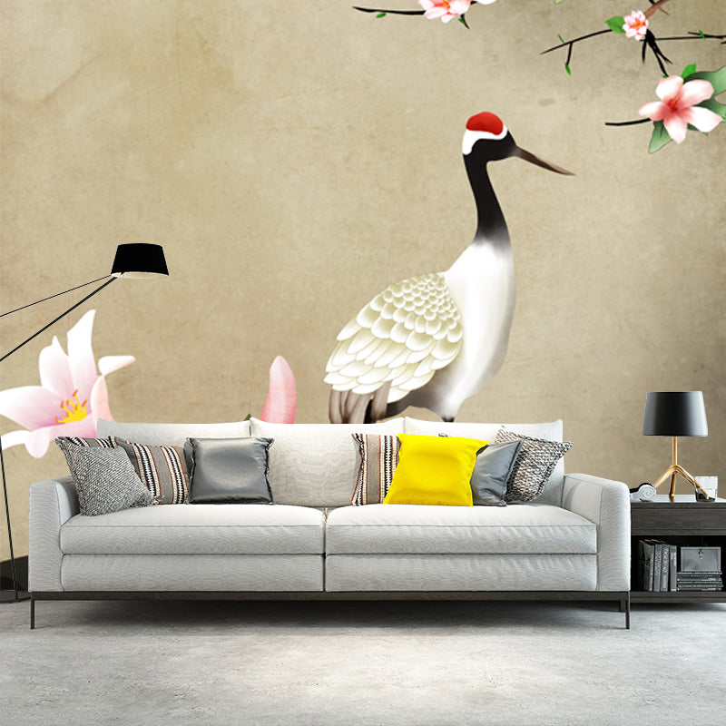 Avelena | Hellbraune Chinesische Tapete Mural Ganze Blumen und Rotkranich Wandkunst für Zuhause