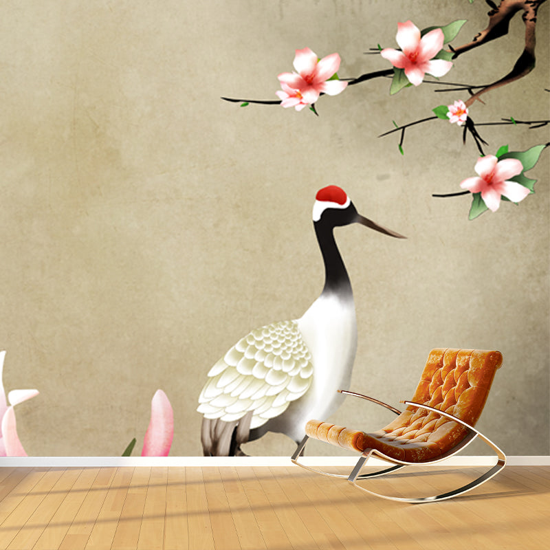 Avelena | Hellbraune Chinesische Tapete Mural Ganze Blumen und Rotkranich Wandkunst für Zuhause