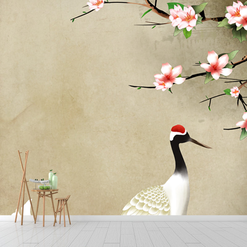 Avelena | Hellbraune Chinesische Tapete Mural Ganze Blumen und Rotkranich Wandkunst für Zuhause