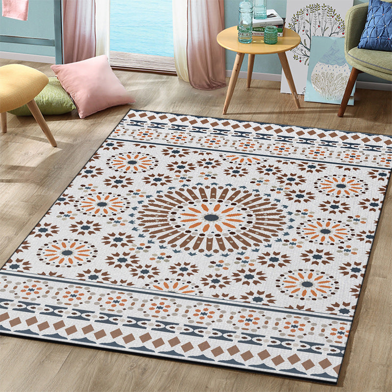 Avelena | Retro Floral Circle Diamond Teppich In Weiß Boho-Teppich Polyester Rutschfester Teppich für Schlafzimmer