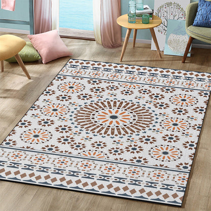 Avelena | Retro Floral Circle Diamond Teppich In Weiß Boho-Teppich Polyester Rutschfester Teppich für Schlafzimmer