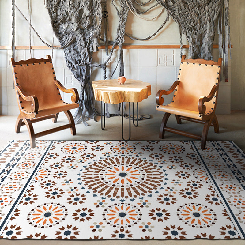 Avelena | Retro Floral Circle Diamond Teppich In Weiß Boho-Teppich Polyester Rutschfester Teppich für Schlafzimmer