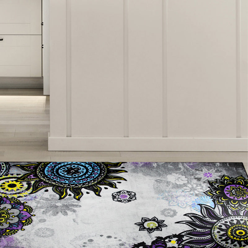 Avelena | Boho-Chic Floral Circle Dots Teppich In Weiß Bohemian Teppich Polyester Rutschfeste Unterlage Teppich für Schlafzimmer