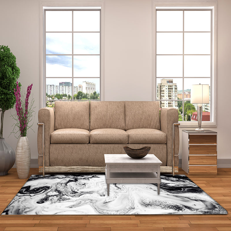 Avelena | Schwarzer und Weißer Schlafzimmerteppich Moderner Abstract Bubbles Tinte Malerei Muster Teppich Polyester Waschbarer Teppich