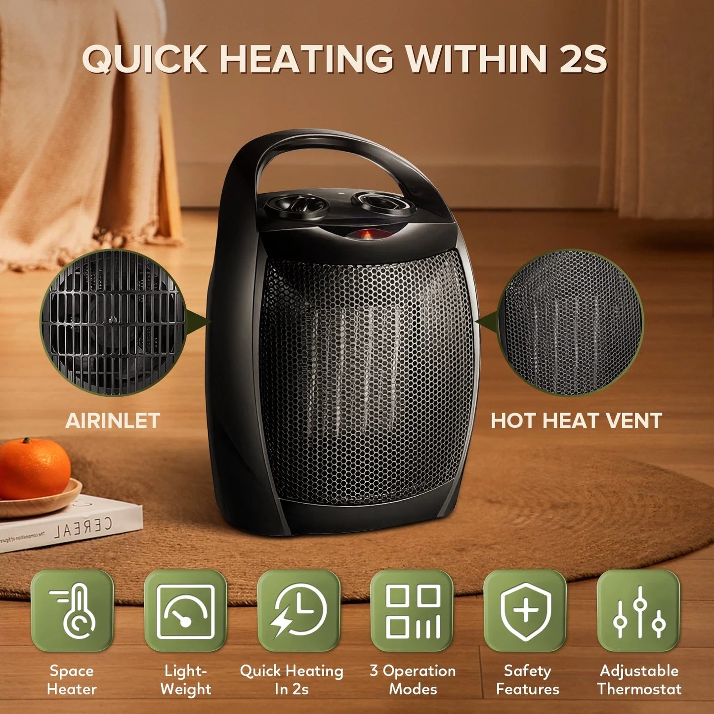 Avelena | Tragbarer Kompakter 950W/1500W Heizlüfter mit Thermostat - ETL Zertifiziert