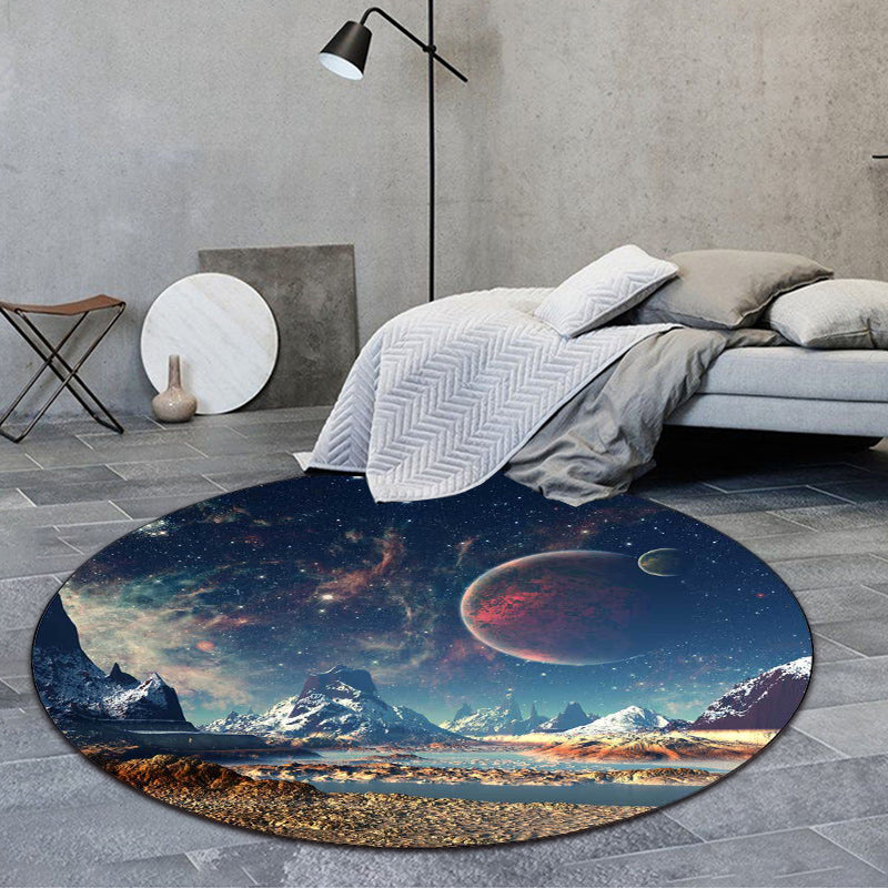 Avelena | Blauer Schlafzimmer Teppich Moderner Weltraum Galaxie Planet Muster Teppich Polyester Waschbar Rutschfester Teppich