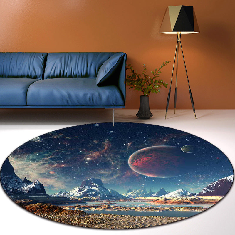 Avelena | Blauer Schlafzimmer Teppich Moderner Weltraum Galaxie Planet Muster Teppich Polyester Waschbar Rutschfester Teppich
