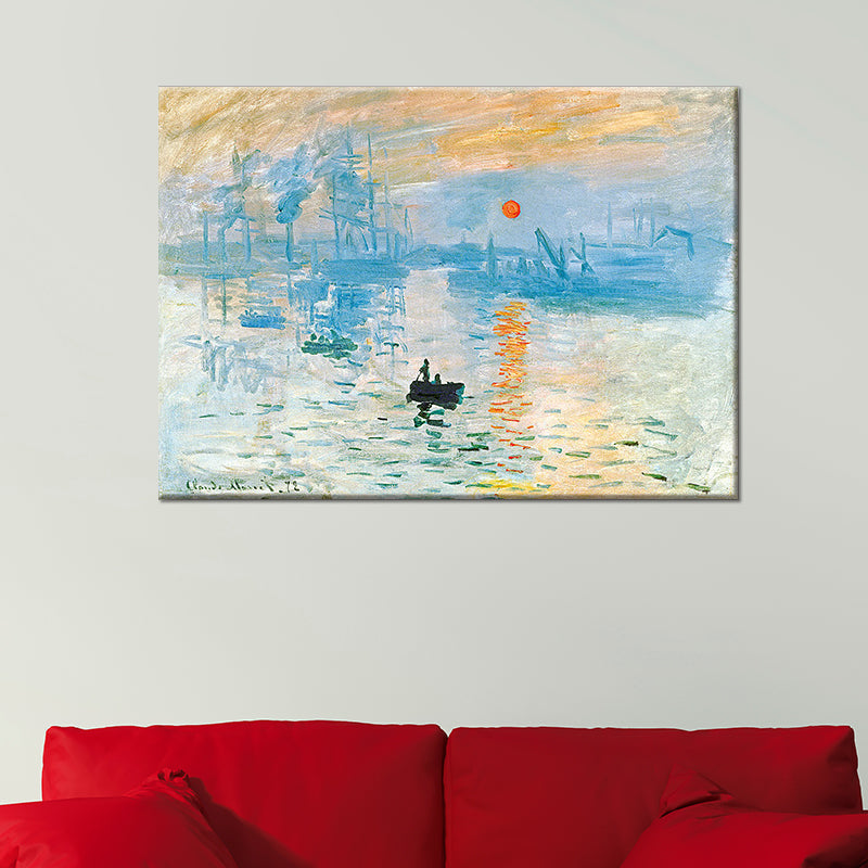 Avelena | Blaue Landschaft Wandkunst Dekor Nachtfall Boot Auf Dem Fluss Moderne Texturierte Malerei