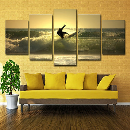 Avelena | Surfen In Der Dämmerung Wandkunst Dekor Zeitgenössischer Mehrteiler Leinwanddruck für Das Wohnzimmer In Gelb