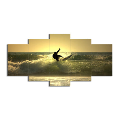 Avelena | Surfen In Der Dämmerung Wandkunst Dekor Zeitgenössischer Mehrteiler Leinwanddruck für Das Wohnzimmer In Gelb