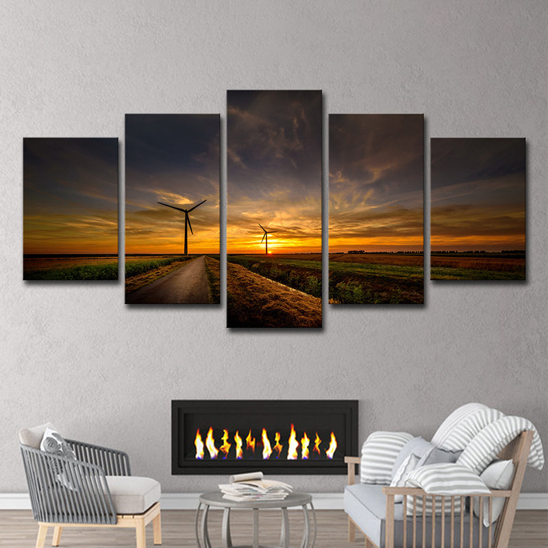 Avelena | Sonnenuntergang Country Road Leinwandkunst Gelb Modern Stil Wanddekoration für Wohnzimmer