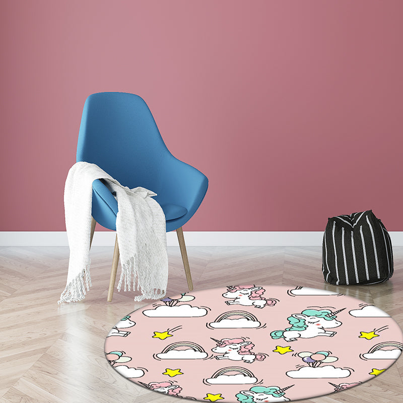 Avelena | Rosa und Blaue Kinderteppich Polyester Einhorn und Regenbogen Druck Teppich Waschbar Rutschfeste Rückseite Teppich für Kinderzimmer