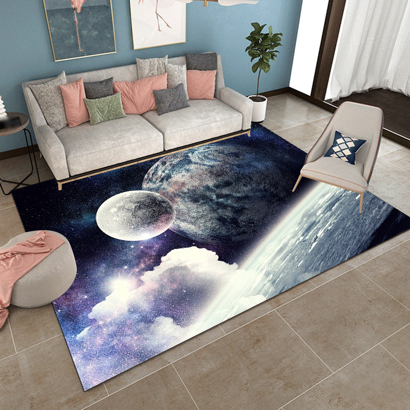 Avelena | Blau und Lila Schlafzimmer Teppich Modernes Weltraumplanet-Muster Teppich Polyester Waschbarer Teppich