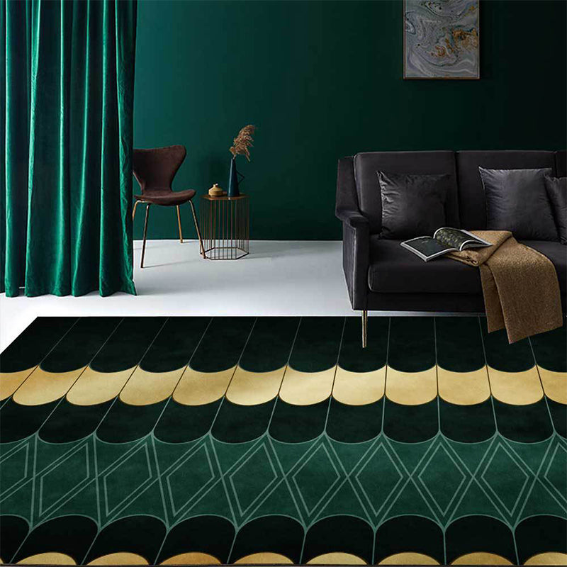 Avelena | Funky Geometrisches Muster Teppich Gold und Grün Schlichter Teppich Polyester Waschbar Rutschfeste Rückseite Teppich für Wohnzimmer