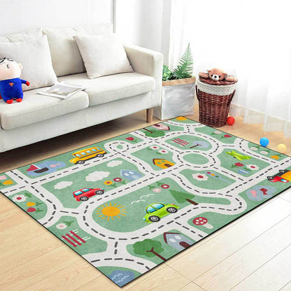 Avelena | Süßer Kinderteppich in Grün mit Autos & Straßen Haus Blumen Baum Muster Teppich Polyester Haustierfreundlicher Teppich für das Kinderzimmer