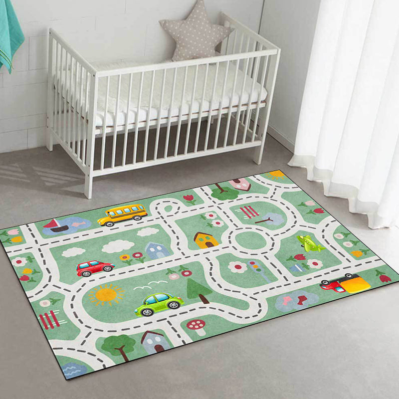 Avelena | Süßer Kinderteppich in Grün mit Autos & Straßen Haus Blumen Baum Muster Teppich Polyester Haustierfreundlicher Teppich für das Kinderzimmer