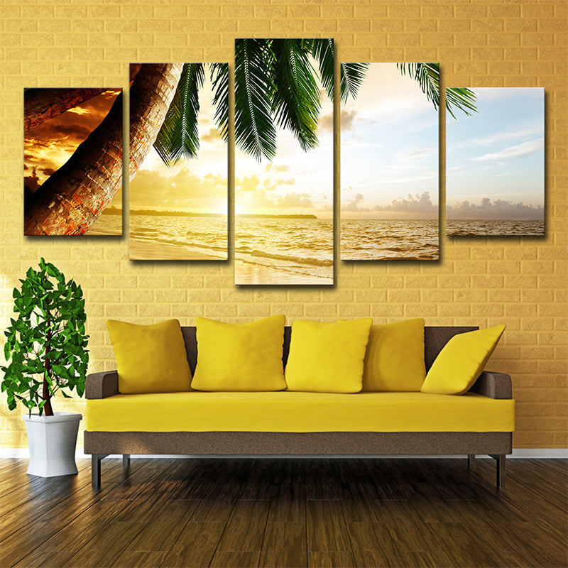 Avelena | Beach Palm Tree Canvas Art Tropix Schöner Sonnenuntergang über Meer Szene Wanddekoration in Gold