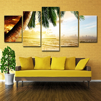 Avelena | Beach Palm Tree Canvas Art Tropix Schöner Sonnenuntergang über Meer Szene Wanddekoration in Gold