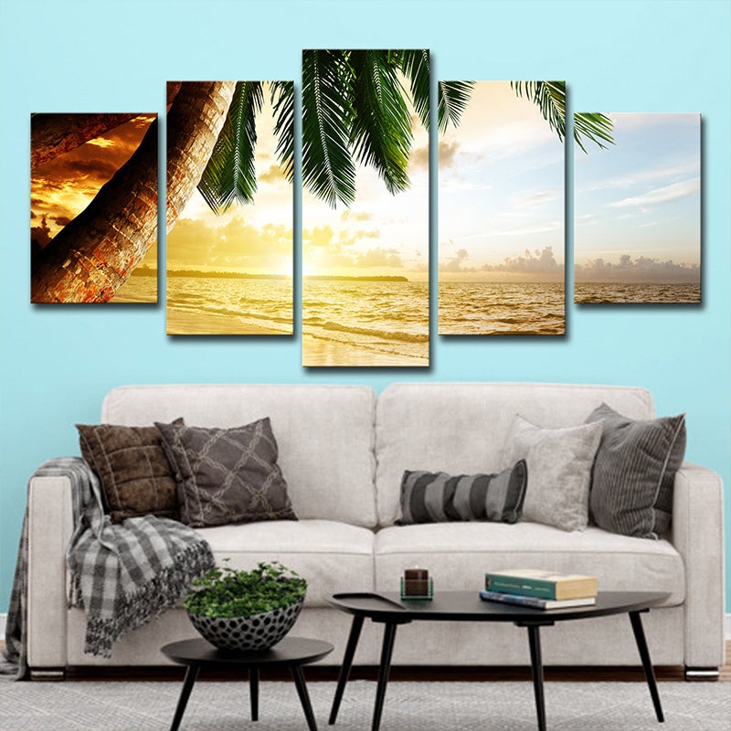 Avelena | Beach Palm Tree Canvas Art Tropix Schöner Sonnenuntergang über Meer Szene Wanddekoration in Gold