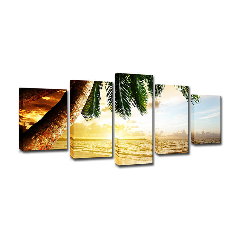Avelena | Beach Palm Tree Canvas Art Tropix Schöner Sonnenuntergang über Meer Szene Wanddekoration in Gold