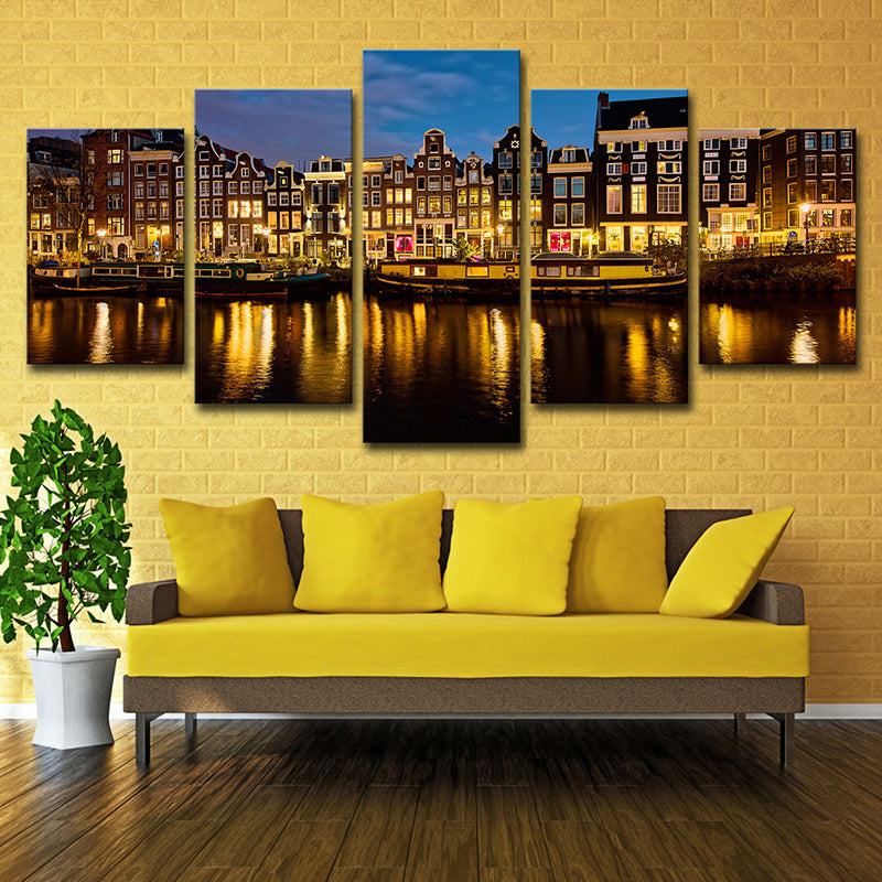 Avelena | Amsterdam Kanal Nacht Landschaft Kunstdruck Modern Mehrteilig Wohnzimmer Wanddekoration