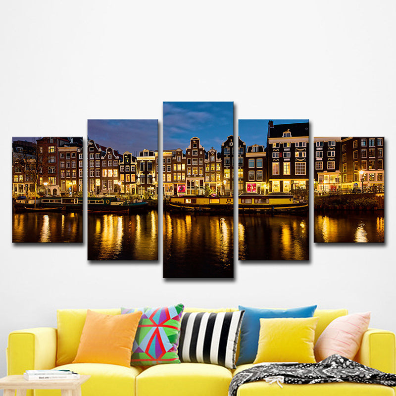 Avelena | Amsterdam Kanal Nacht Landschaft Kunstdruck Modern Mehrteilig Wohnzimmer Wanddekoration