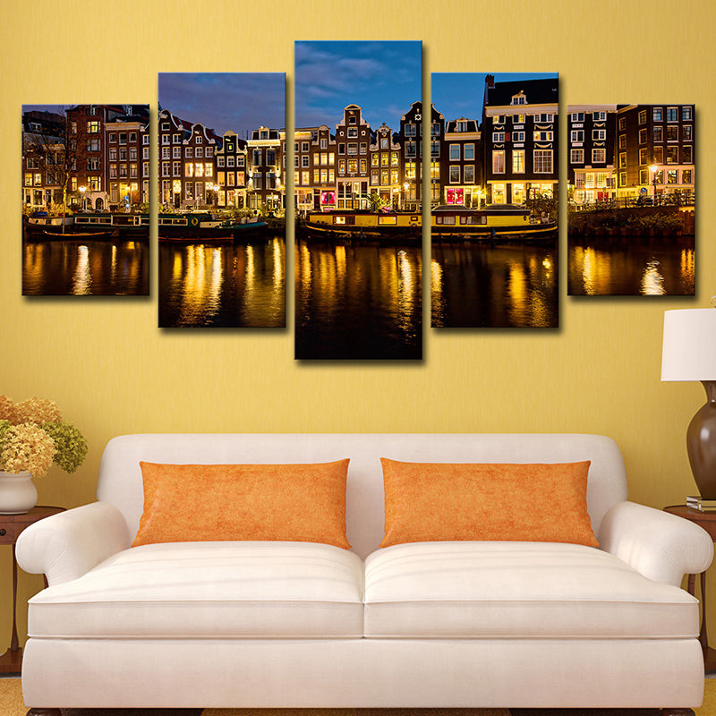 Avelena | Amsterdam Kanal Nacht Landschaft Kunstdruck Modern Mehrteilig Wohnzimmer Wanddekoration