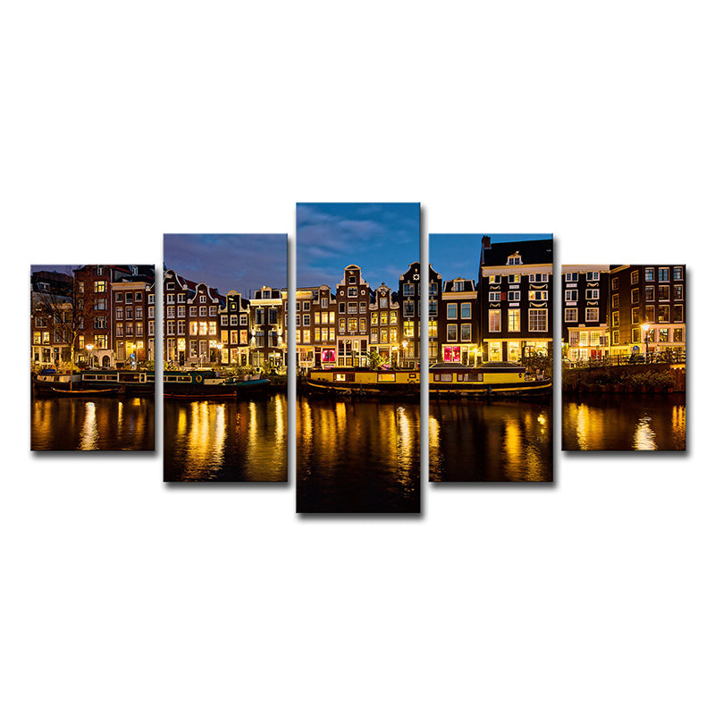 Avelena | Amsterdam Kanal Nacht Landschaft Kunstdruck Modern Mehrteilig Wohnzimmer Wanddekoration