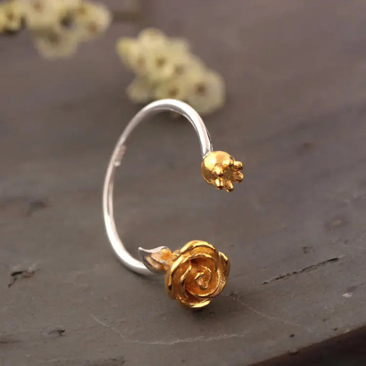 Avelena | 925 Sterling Silber Rose Blume Offener Ring