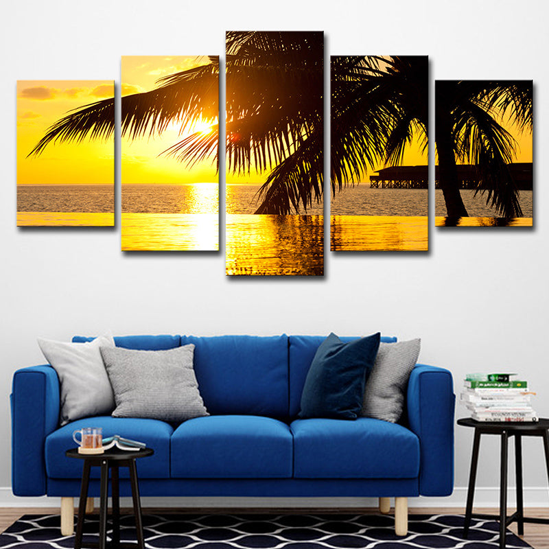 Avelena | Gelbe Tropix-Leinwandkunst Sonnenuntergang Seascape mit Kokosnussbaum Druck Wanddekoration für Zuhause