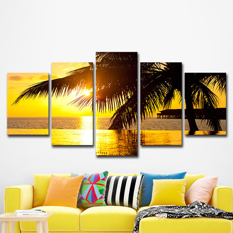 Avelena | Gelbe Tropix-Leinwandkunst Sonnenuntergang Seascape mit Kokosnussbaum Druck Wanddekoration für Zuhause