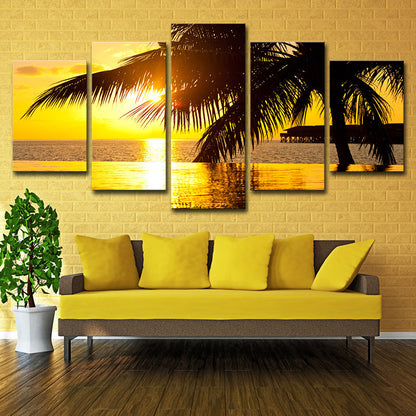 Avelena | Gelbe Tropix-Leinwandkunst Sonnenuntergang Seascape mit Kokosnussbaum Druck Wanddekoration für Zuhause