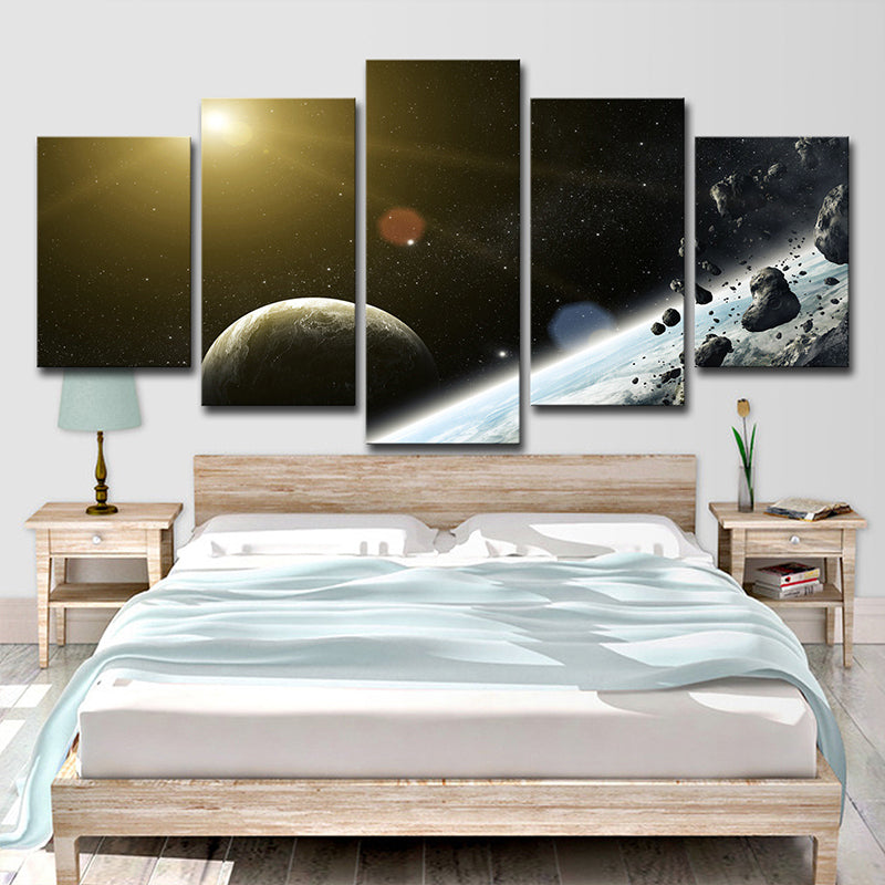 Avelena | Outer Space Planet Wandkunst Schwarze Meteoriten- und Sonnen-Leinwanddruck für Jungen Schlafzimmer