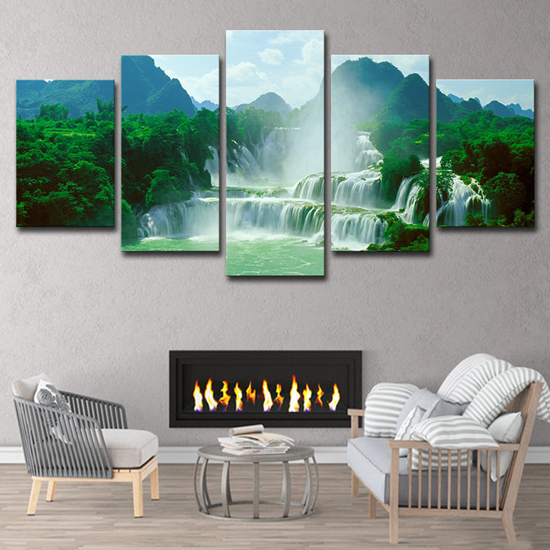 Avelena | Wasserfall Wandkunstdruck Auf Grüner Leinwand Wanddekoration für Das Wohnzimmer, Mehrteilig