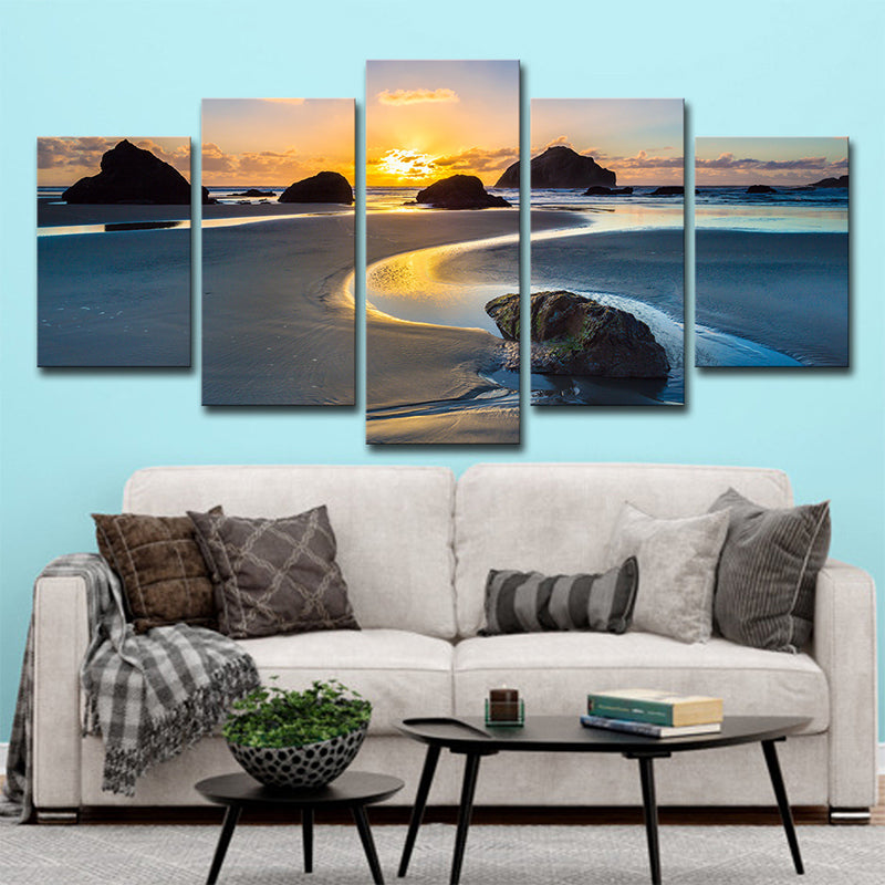 Avelena | Sundown Rock Seashore Wandkunst Gelber Tropischer Leinwanddruck für Das Wohnzimmer, Mehrteilig