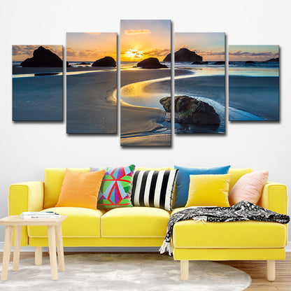 Avelena | Sundown Rock Seashore Wandkunst Gelber Tropischer Leinwanddruck für Das Wohnzimmer, Mehrteilig