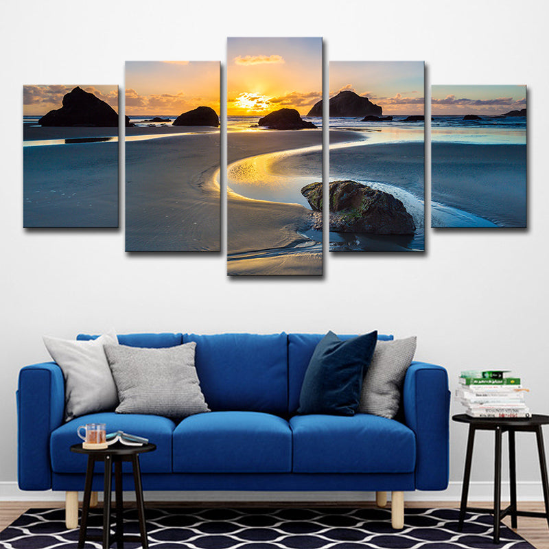 Avelena | Sundown Rock Seashore Wandkunst Gelber Tropischer Leinwanddruck für Das Wohnzimmer, Mehrteilig